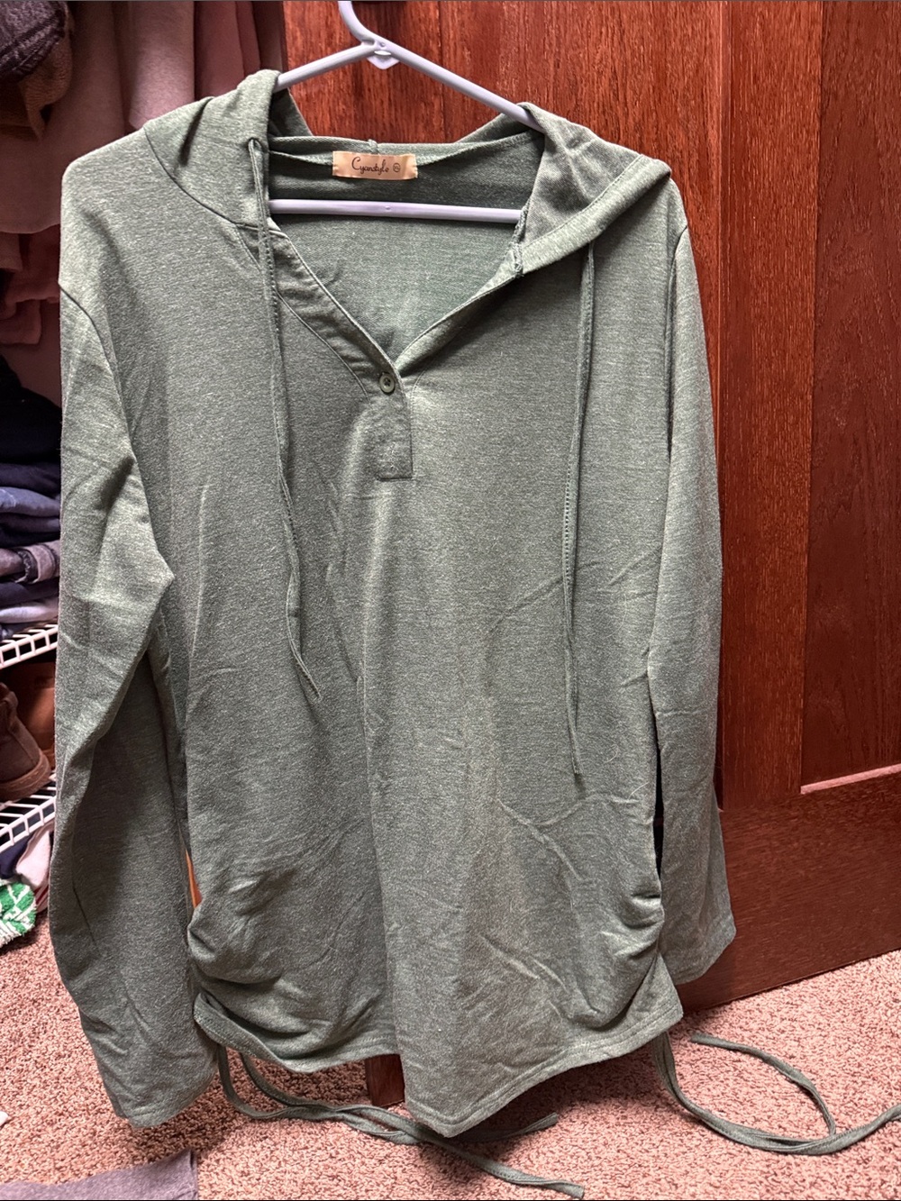 Comfort Knit V-Neck Hooded Sweater in Olive by